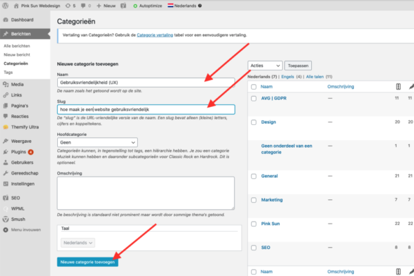Tutorial categorieën aanmaken in Wordpress | Pink Sun Webdesign